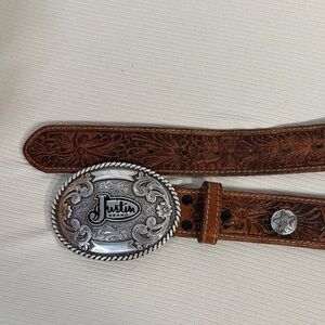 Justin Brand Brown Leather Belt with Silver Buckle